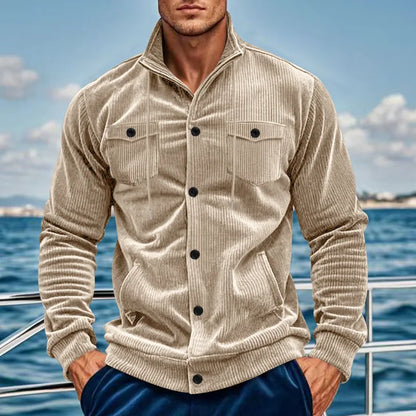 Men's Corduroy Jacket Stand-up Collar Slim Fit Retro Multi-pocket Workwear Commuter Coat for Spring And Autumn