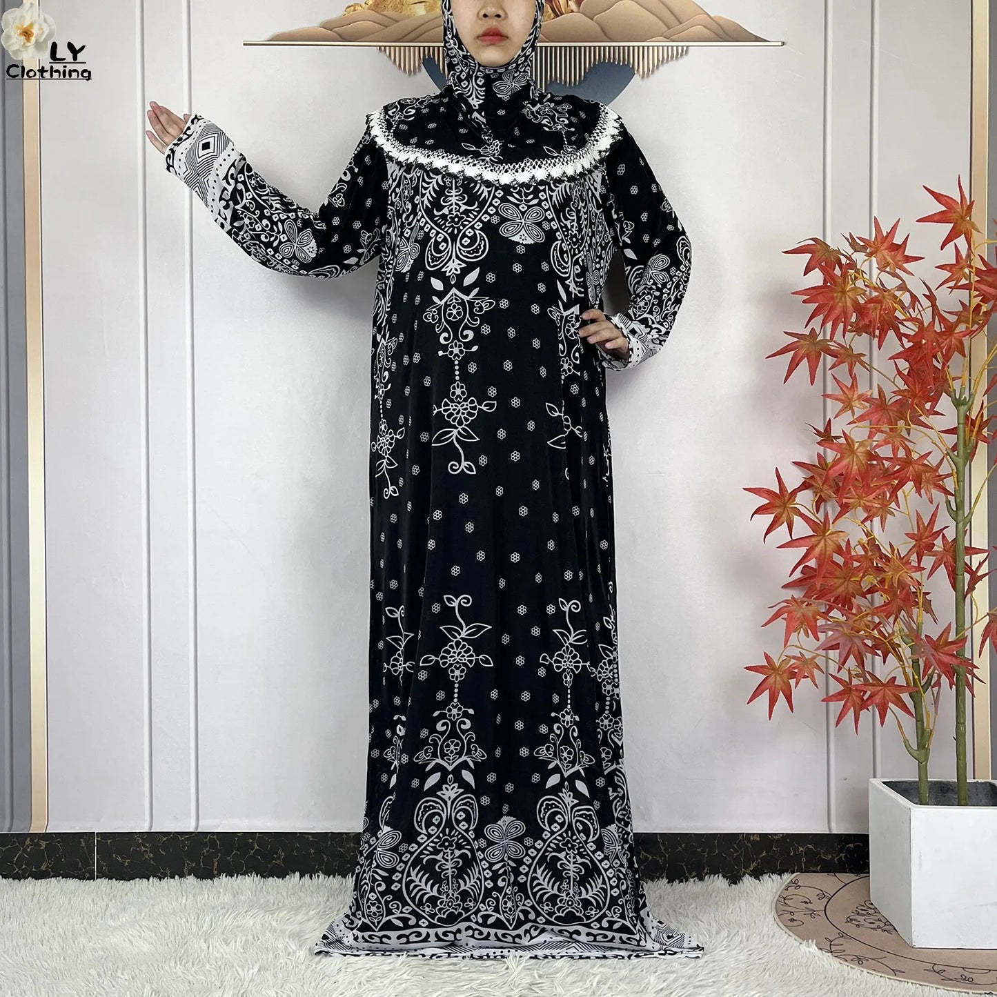 Muslim Ramadan Prayer For Women Long Sleeved Floral 2023Dubai Turkey Middle East Femme Loose Robe African Abayas Headscarf Dress