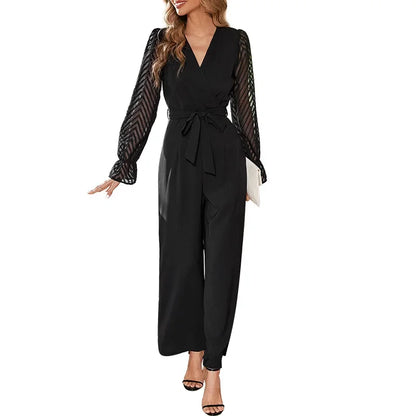 Black Jumpsuit for Women Lace-up V Neck Long Sleeve Romper Overalls Woman Hollow Out Spring Autumn Winter Classy Party Jumpsuits.