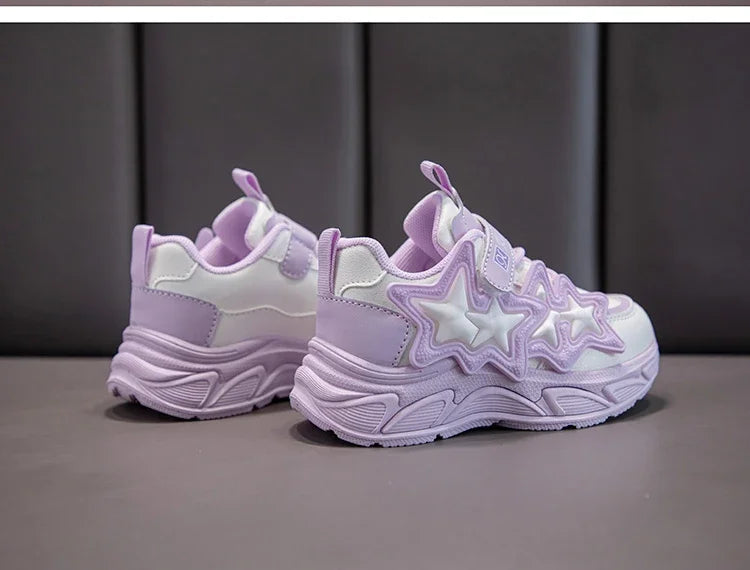 Children Casual Shoes for Girls Fashion Classic with Stars Girls Sports Running Sneakers Breathable PU + Rubber Anti-skid Soft.