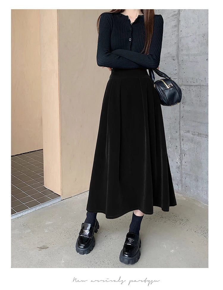 Autumn Winter Warm Vintage Red Elegant Velvet A-line Skirt For Women 2023 High Waist Casual Black Party Pleated Big Swing Skirts.