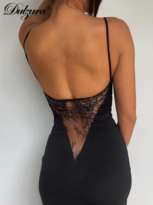 Dulzura Ärmelloses, seitlich geschlitztes Spitzen-Patchwork, rückenfreies Cami-Maxikleid für Damen, sexy, elegantes langes Kleid, Party, Clubwear, Herbst