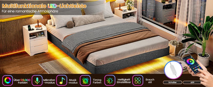 140 x 200 Lattenrost aus Holz mit LED-Beleuchtung, Plüsch, 140 x 200 cm, gepolstertes Bett, graues Leinen-Kopfteil, Schlafzimmermöbel