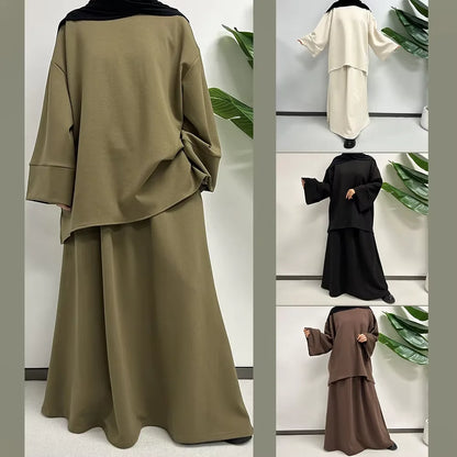 Modest Co Ords Set Women Muslim Cotton 2 Piece Abaya Skirt with Pockets High Quality Autumn Winter Thick Warm Islam Dubai Luxury.