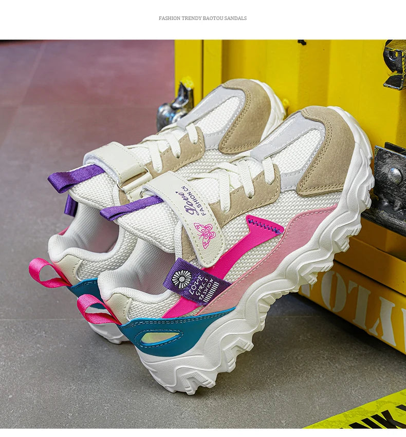 Fashion Children Shoes Girls Sneaker Black Pink PU Leather Platform Casual Sneaker School Tennis Sports Shoes for Girls.