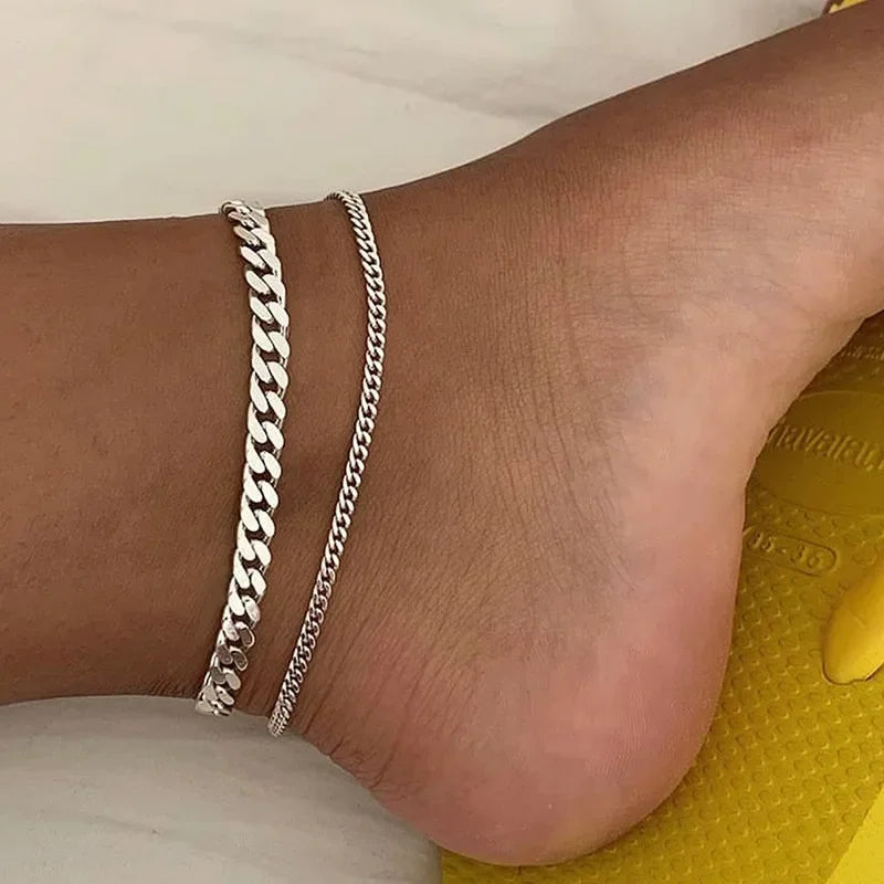 Gold Ankle Bracelets for Women K Gold Plated/Silver Anklets for Women Waterproof Minimalist Cuban Link Anklets Set Gift.