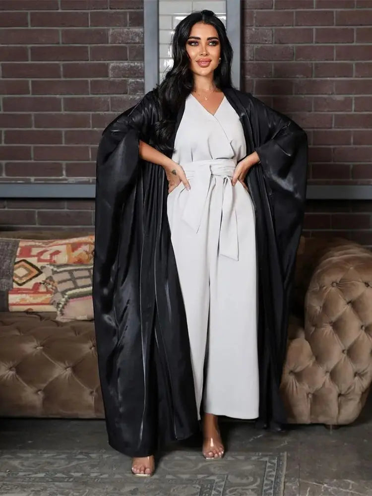 Ramadan Dubai Pink Satin Modest Open Butterfly Batwing Kimono Abaya Cardigan Islam Muslim Dress For Women Kebaya Robe Musulmane.