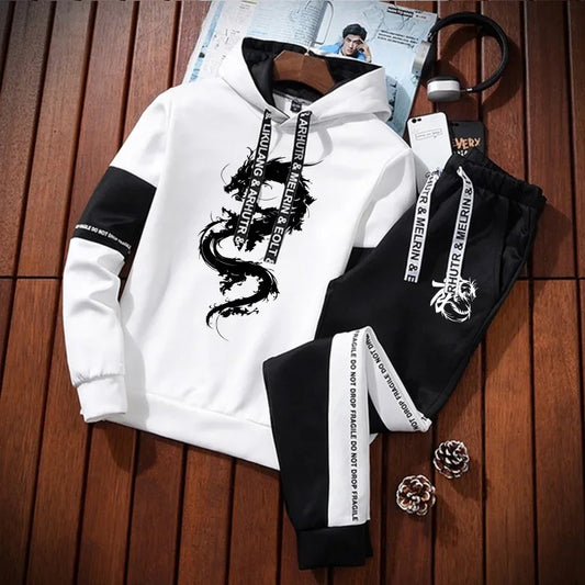 Trendy 2025 Chinese Dragon Print Hoodies Tracksuit for Men Winter Autumn Casual Jogging Outfit Athletic Sportswear Sweatpants.