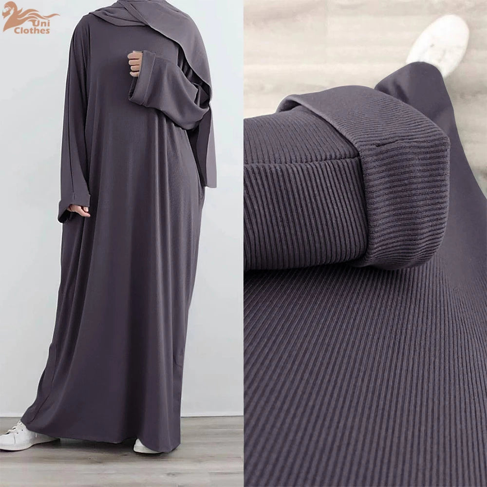 Saudi Arab Turkish Autumn Winter Knitted Dress For Women Jalabiyat Solid Comfortable Belted Casual Muslim Ramadan Robe.