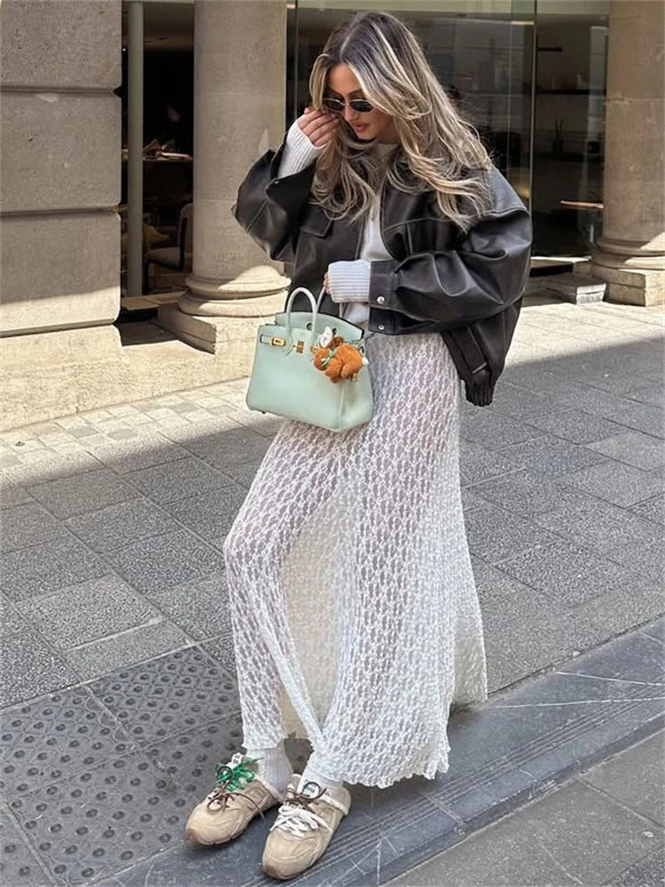 Tossy Fashion Summer Lace Long Skirt Women See-Through Slim High Waist Hollow Out Patchwork Elegant Commute Female Maxi Skirt