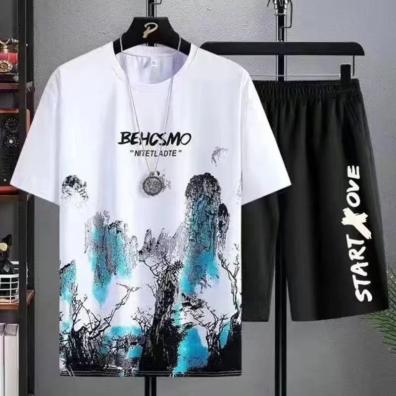 2024 Summer leisure Men set Manga Graffiti Tees T-shirt+shorts 2-piece Comfortable and breathable for men Top Print Tshirts sets.