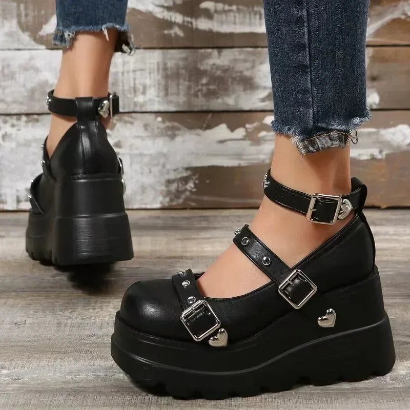 Women Pumps Mary Jane Super High Heel Platform Wedge Spring Ladies Sandals Belt Buckle Classic Sweet Punk Female Lolita Shoes.