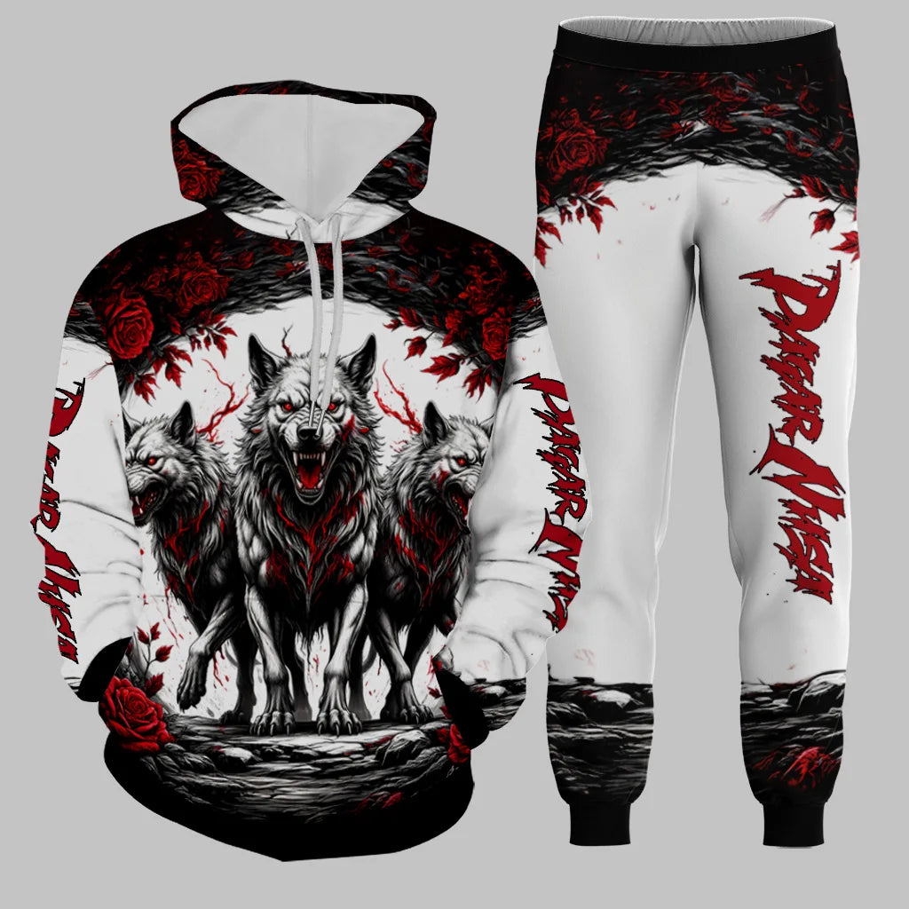 Men's Hoodie Set Funny 3D Wolf Print Hoodies Pants Sports Suit Autumn Winter Casual Sweatshirts 2 Piece Outfit Fashion Tracksuit.