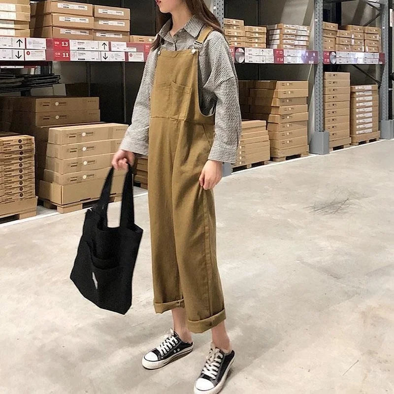 Jumpsuits Women Solid Retro Japanese Style Streetwear Denim Suspenders Trousers Harajuku Stylish Hip Hop Straight Overalls Teens.