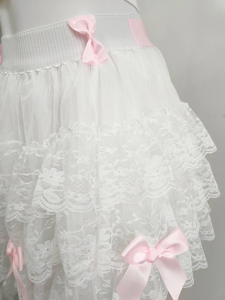 Multilayered Lace Skirts for Sweet Girls Summer Ribbons Bows Decoration Elastic Waist Lolita Style White Skirt Kawaii Clothes.