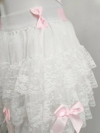 Multilayered Lace Skirts for Sweet Girls Summer Ribbons Bows Decoration Elastic Waist Lolita Style White Skirt Kawaii Clothes.