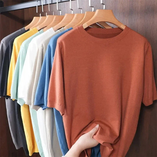 2025 Superfine Merino Wool T Shirt Men's Knitted O-neck Breathable Thin Cashmer Short Sleeve Tee Solid Color Tops.