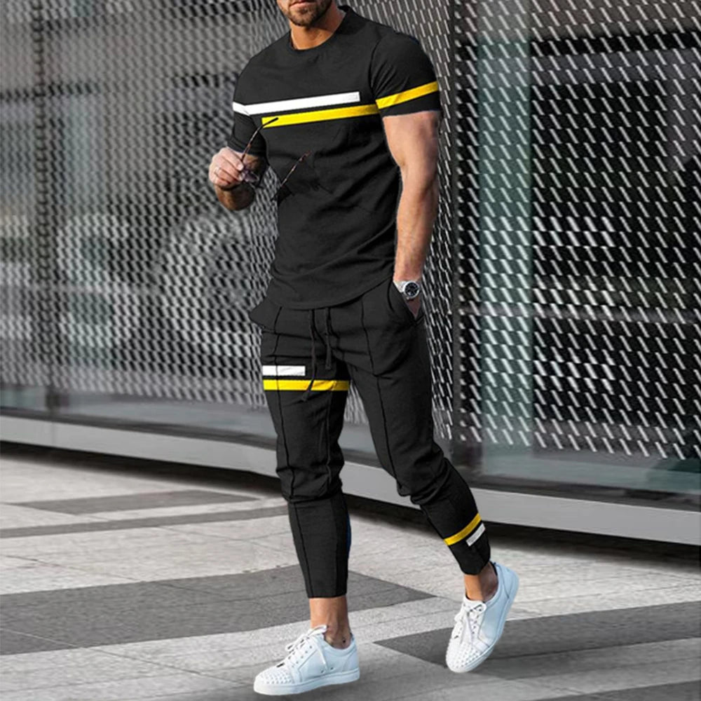 Men's T-Shirt Tracksuit 2 Piece Set Short Sleeve Sportswear Suits Fashion Men's Clothing Trousers Casual O-Neck Tops Pants Suits.