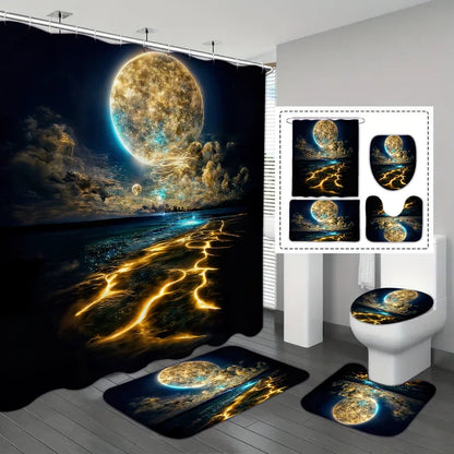 4-teiliges Set wasserdichter Duschvorhang mit Star River Moon-Muster und 12 Haken, bedruckter Vorhang, Badezimmer-Bodenmatte