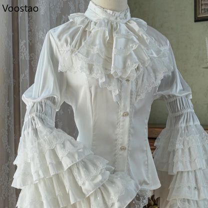 Victorian Elegant Lolita Style Shirts Japanese Women Vintage Gothic Lace Ruffles Flare Long Sleeve Blouses Sweet Y2k Slim Tops.