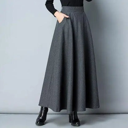 Autumn Winter Black Gray Large Size Woolen Long Skirt Women Fashion Korean Ladies Red High Waist Festival Pleated A-line Skirts.