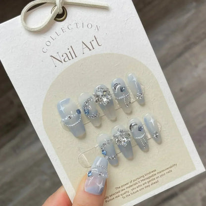 10Pcs Handmade Press on Nails Long Ballet Blue Fake Nails with 3D Ocean Moon Rhinestone Design False Nails Full Cover Nail Tips.