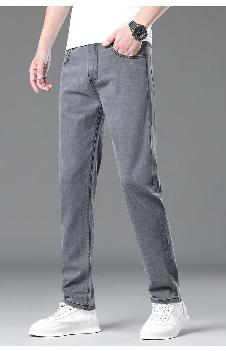 Summer Lyocell Ultra-thin Jeans Men Straight Stretch Breathable Denim Pants Fashion Business Casual Male Trousers Black Gray.