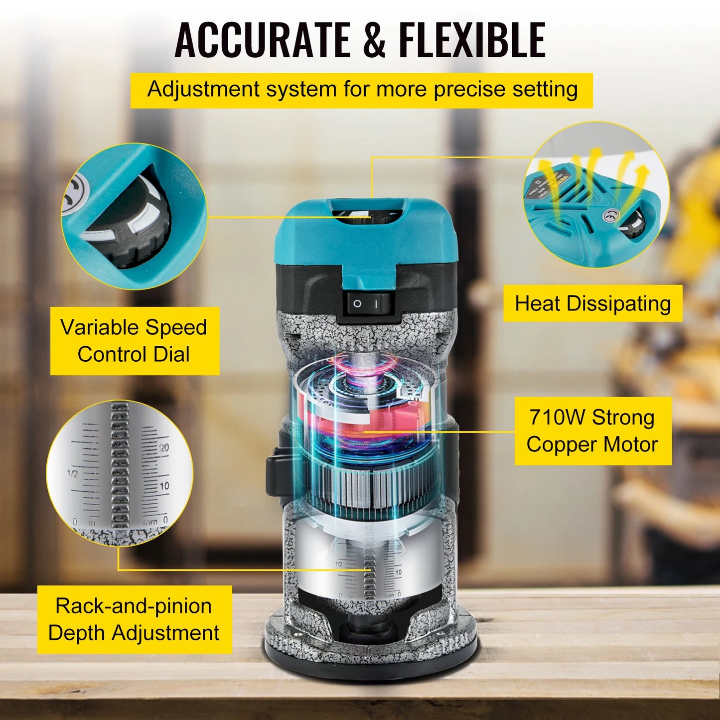 VEVOR Elektrik Hand Holz Oberfräse 800 W, Einhand Oberfräse 30000 U/min, Holz Kantenfräse, 3 Spannzangen, Soft-Start, Aluminiumlegierung, Drehzahlregelung, Elektrische Oberfräse Holzbearbeitung