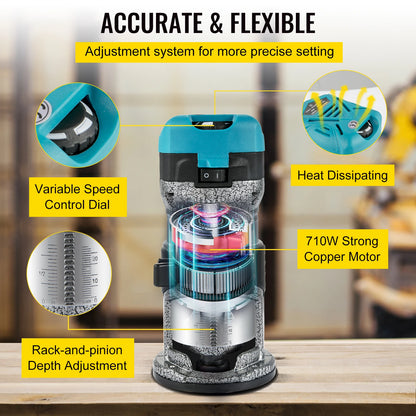 VEVOR Elektrik Hand Holz Oberfräse 800 W, Einhand Oberfräse 30000 U/min, Holz Kantenfräse, 3 Spannzangen, Soft-Start, Aluminiumlegierung, Drehzahlregelung, Elektrische Oberfräse Holzbearbeitung