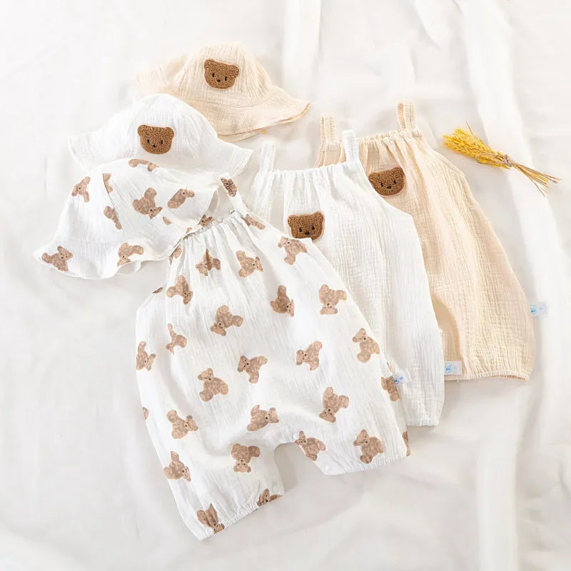 Neugeborene Baby Sommer dünne Bodysuit Mädchen ärmellose Hosenträger Stram pler Anzug Jungen niedlichen Stickerei Cartoon Pyjama Hut 2 Stück Set.