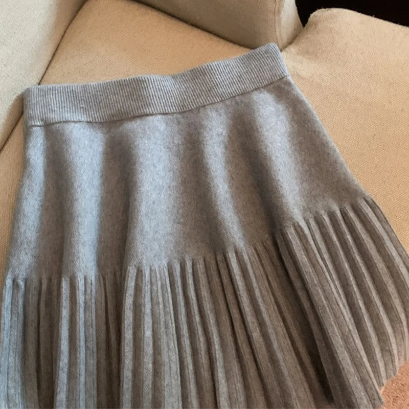 Pleated Mini Skirts Korean Sweet Knitted Skirts Sweet Elastic Waist Ladies Casual Youthful For Women's Clothes Solid Fashion New.