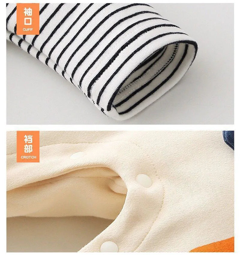 2024 herbst Baby Kleidung Neugeborenen Overall Infant Jungen Falsche 2 Stücke Streifen Patchwork Strampler Kleinkind Cartoon Dinosaurier Ein Stück.