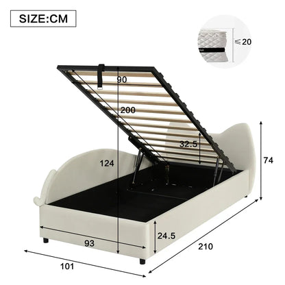 Polsterbett, Einzelbett, süßes Katzendesign, hydraulisches Bett mit Stauraum und Gürtelgriffen, stabiler Gitterrost, 90 x 200 cm