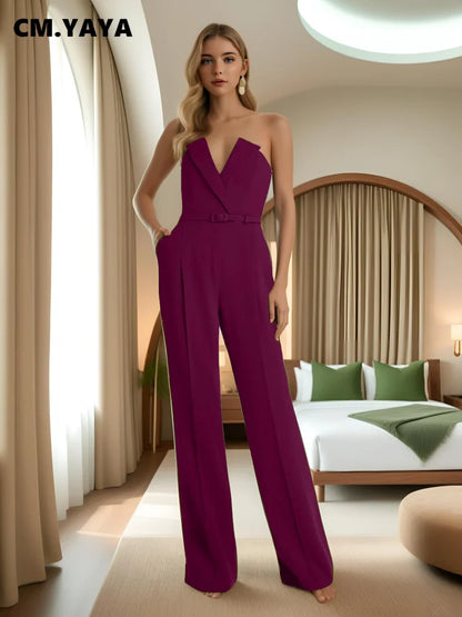 CM.YAYA Women Wide Leg Strapless V-neck Sleeveless Jumpsuits 2025 Summer OL Beach Night Club Party Street One Piece Suit Romper.