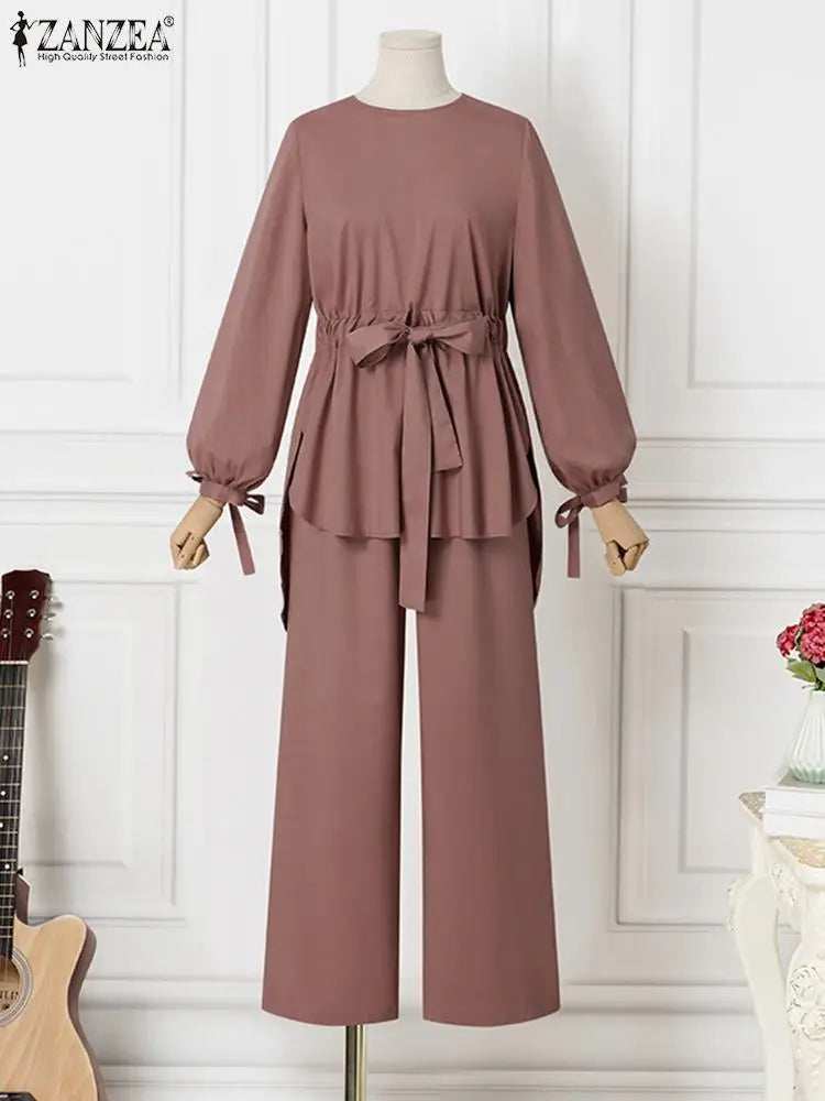ZANZEA Muslim Women Matching Sets Long Sleeve Solid Color Tops And Loose Pant Suits Elegant Fashion Casual Tracksuit Kaftan 2025.