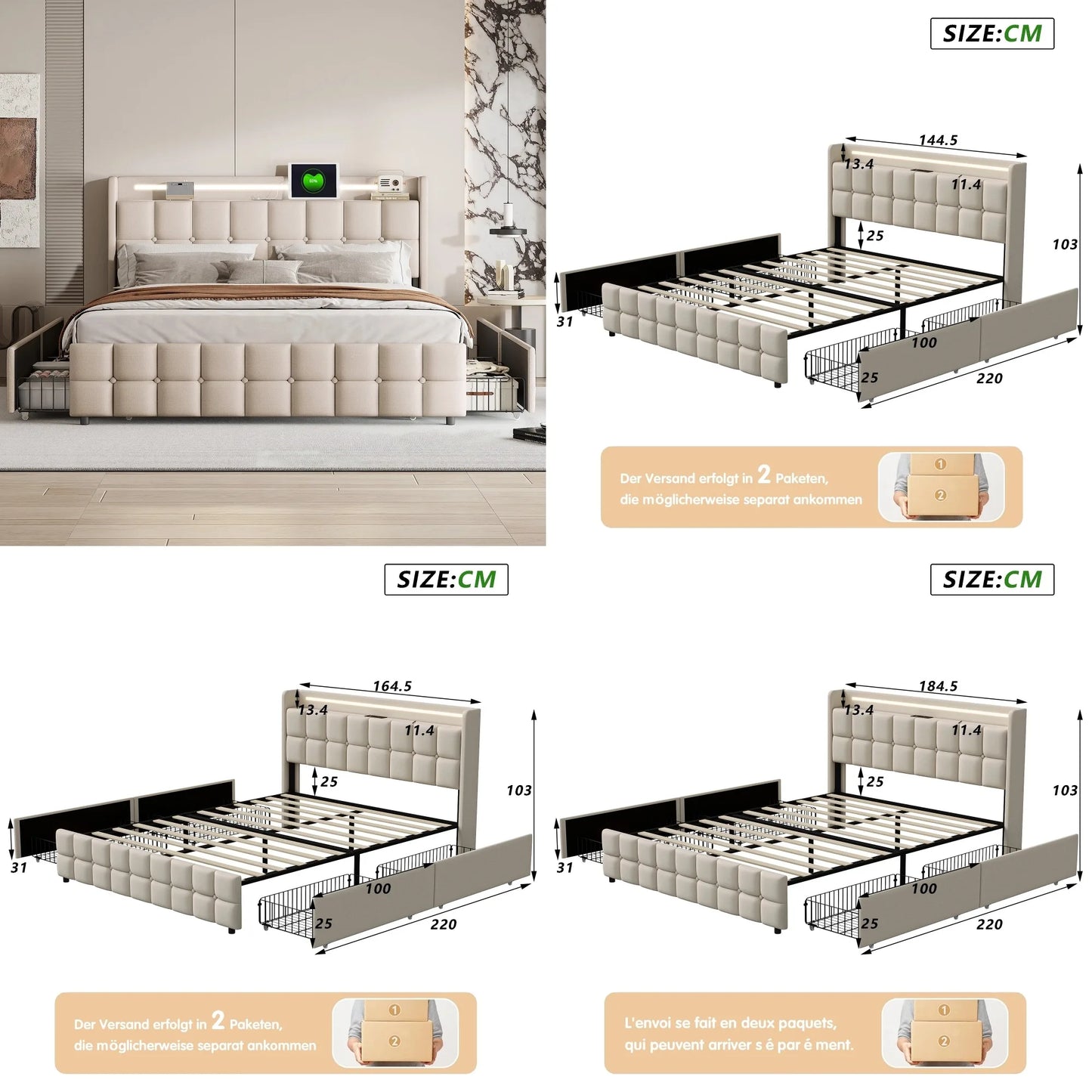 Creahappy Polsterbett – Doppelbettgestell mit wiederaufladbarem USB-Kopfteil, LED-Beleuchtung und 4 Schubladen – Beige