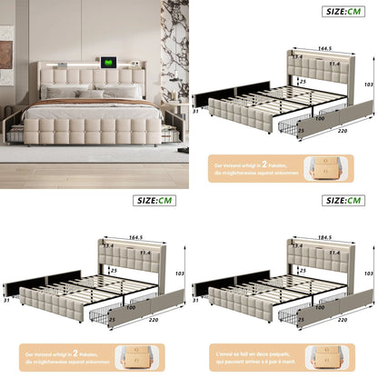 Creahappy Polsterbett – Doppelbettgestell mit wiederaufladbarem USB-Kopfteil, LED-Beleuchtung und 4 Schubladen – Beige