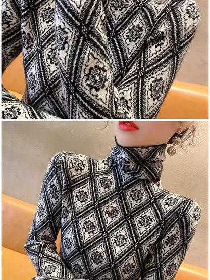 Frauen Kleidung Mode Rollkragen Argyle Stricken Pullover Herbst Winter Elegante Chic Schlanke Langarm Pullover Büro Dame Y2K Top