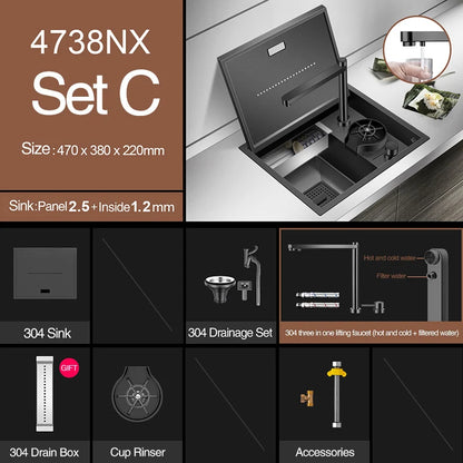 Nanometer Hidden Bar Island kitchen Sink 304 Stainless Steel Flip Cover Hidden Handmade Small Size kitchen Sinks With Cup Rinser