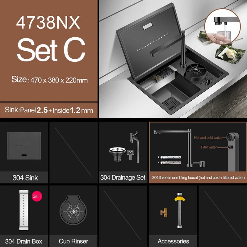 ASRAS Hidden Bar Island kitchen Sink Nanometer SUS 304 Flip Cover Hidden Handmade Small Size kitchen Sinks With Cup Rinser