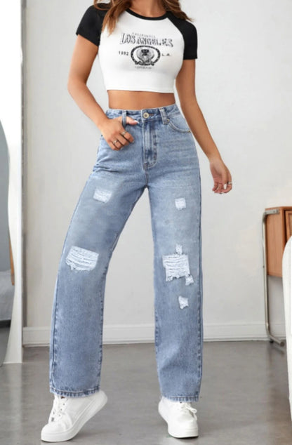 Women's pocket-breaking casual Denim wide-leg pants.
