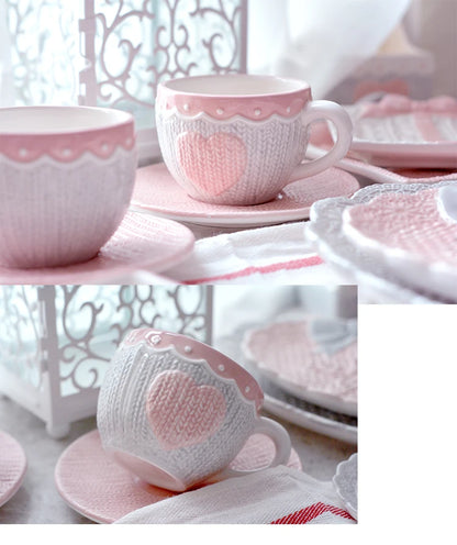 250ml Ceramic Tea Cup And Saucer Set Kawaii Bowknot Coffee Cup Dish Pink Wool Knitting Mug Microwave Safe.