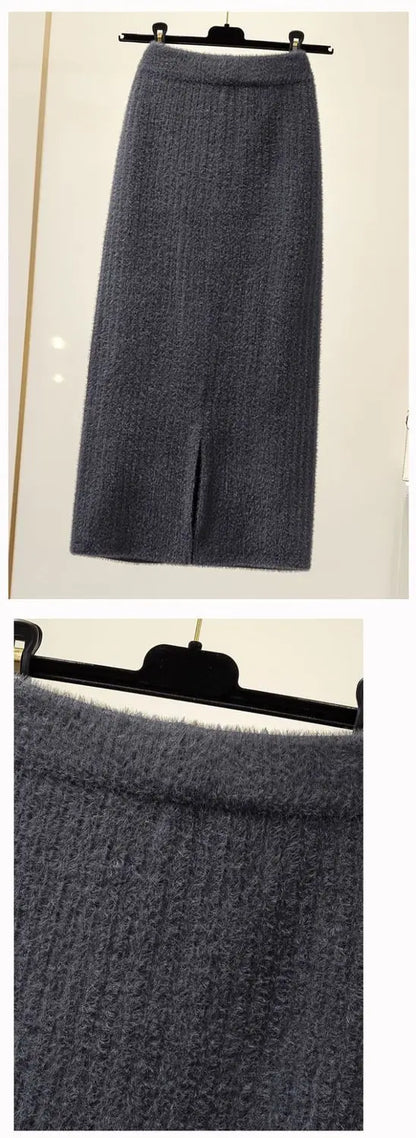 Mink velvet skirt female autumn and winter mid-length knitted one-step skirt split straight winter skirt casual solid long skirt.