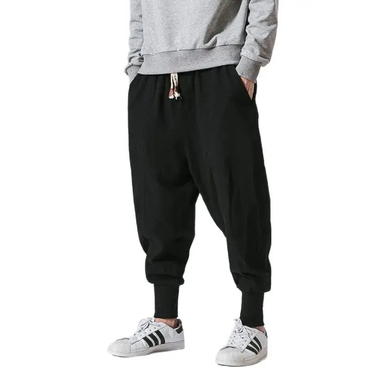 Cotton Linen Harem Pants Men Solid Elastic Waist Streetwear Joggers 2024 New Baggy Drop-crotch Pants Casual Trousers Men.