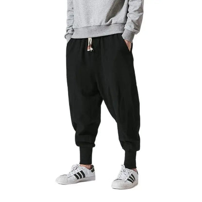 Cotton Linen Harem Pants Men Solid Elastic Waist Streetwear Joggers 2024 New Baggy Drop-crotch Pants Casual Trousers Men.