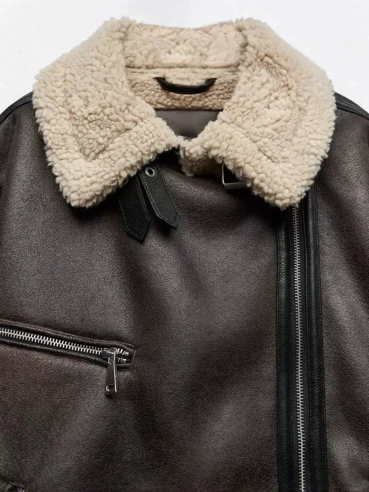 Frau dicke warme doppelseitige Faux Shear ling Jacke Herbst Winter neue Revers Langarm Gürtel Saum Reiß verschluss weibliche Oberbekleidung