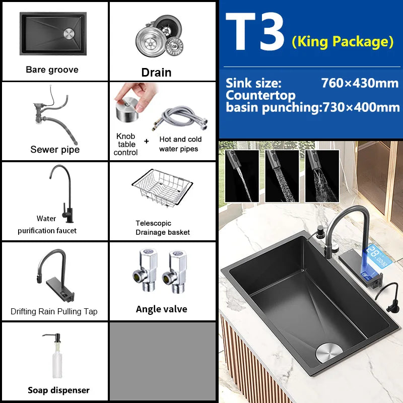 Black Stainless Steel Kitchen Sink Waterfall Sink dishwashing Basin Large Single Sink Household Sink Under The Counter Sink