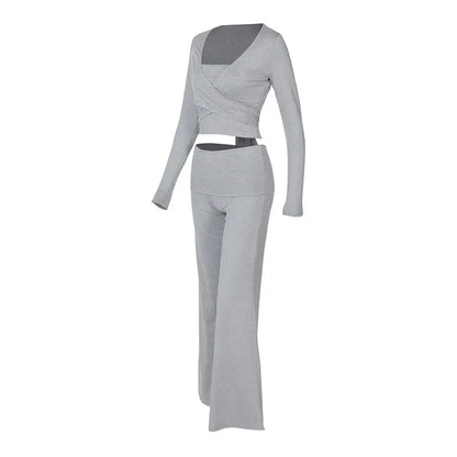 Spring New Women's T-shirt Pants 2 Piece Set Streetwear Fashion Long Sleeves Lace-up Tees Casual Trousers Elegant Slim Clothing.