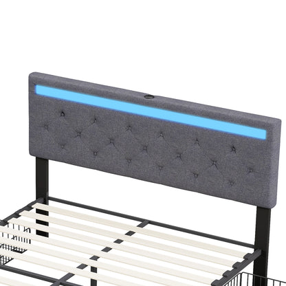 Lazyspace gepolstertes Doppelbett 140/160/180 x 200 cm, mit LED-Licht und 4 Schubladen, Metallrahmen und Holzlatten, Leinen