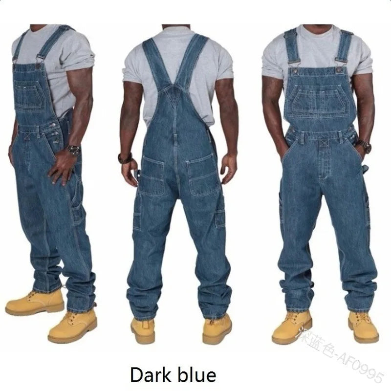 Mens Jeans Overalls Men Jumpsuit Pockets Casual Loose Long Denim Pants Straight Rompers Autumn Plus Size Punk Biker One Piece.